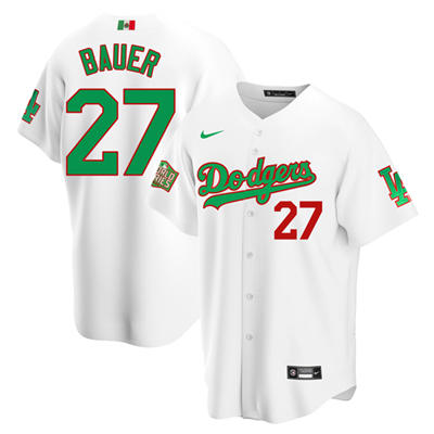 Men's Los Angeles Dodgers #27 Trevor Bauer White Green MLB Mexico 2020 World Series Stitched Jersey